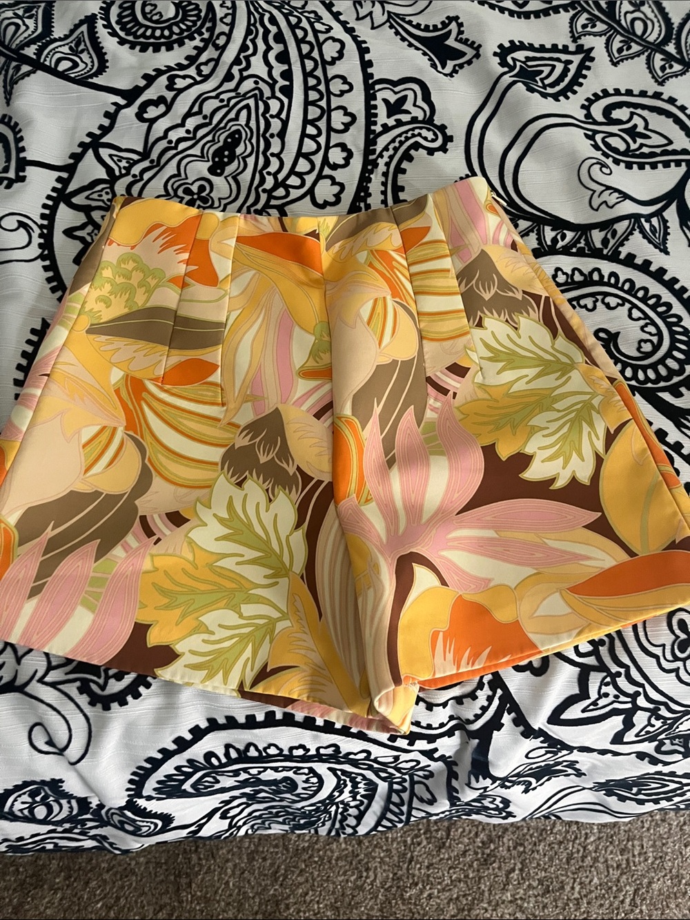 Zara Floral Print High-Waist Shorts in Yellow, Pink and Brown